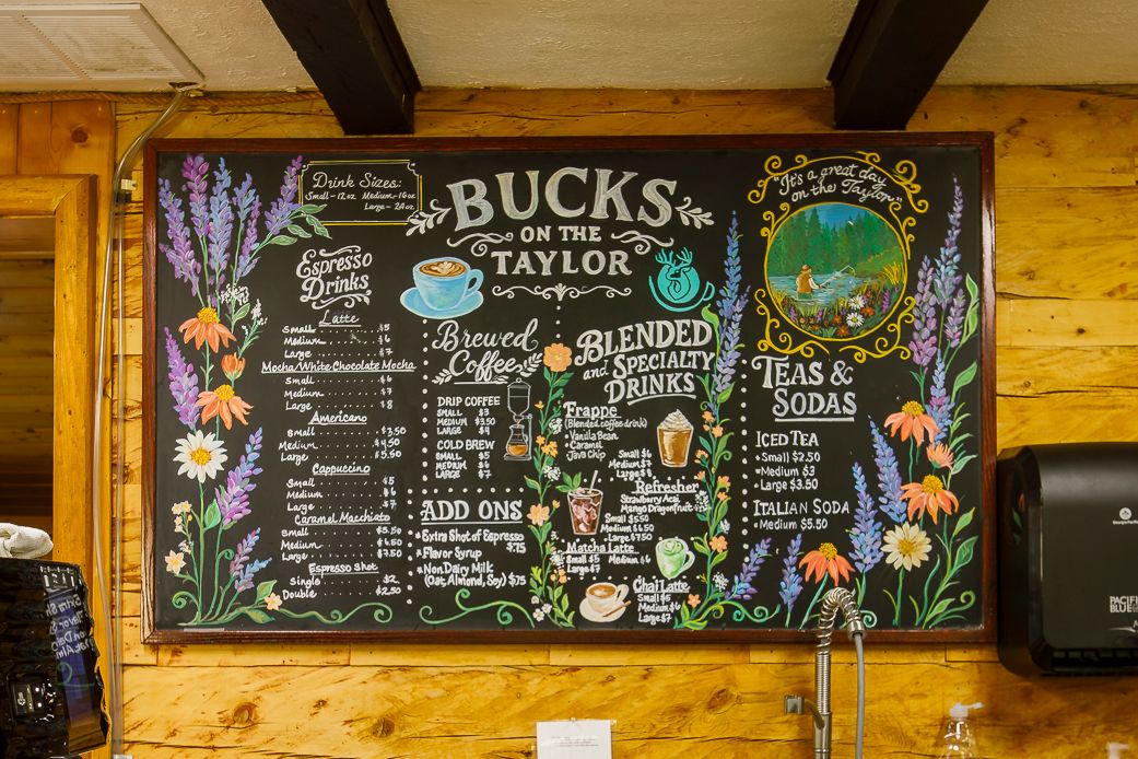Chalkboard menu at Bucks on the Taylor, the on-site coffee shop