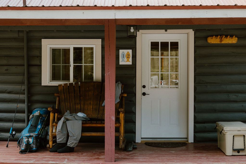 Porch of a log cabin at Harmels