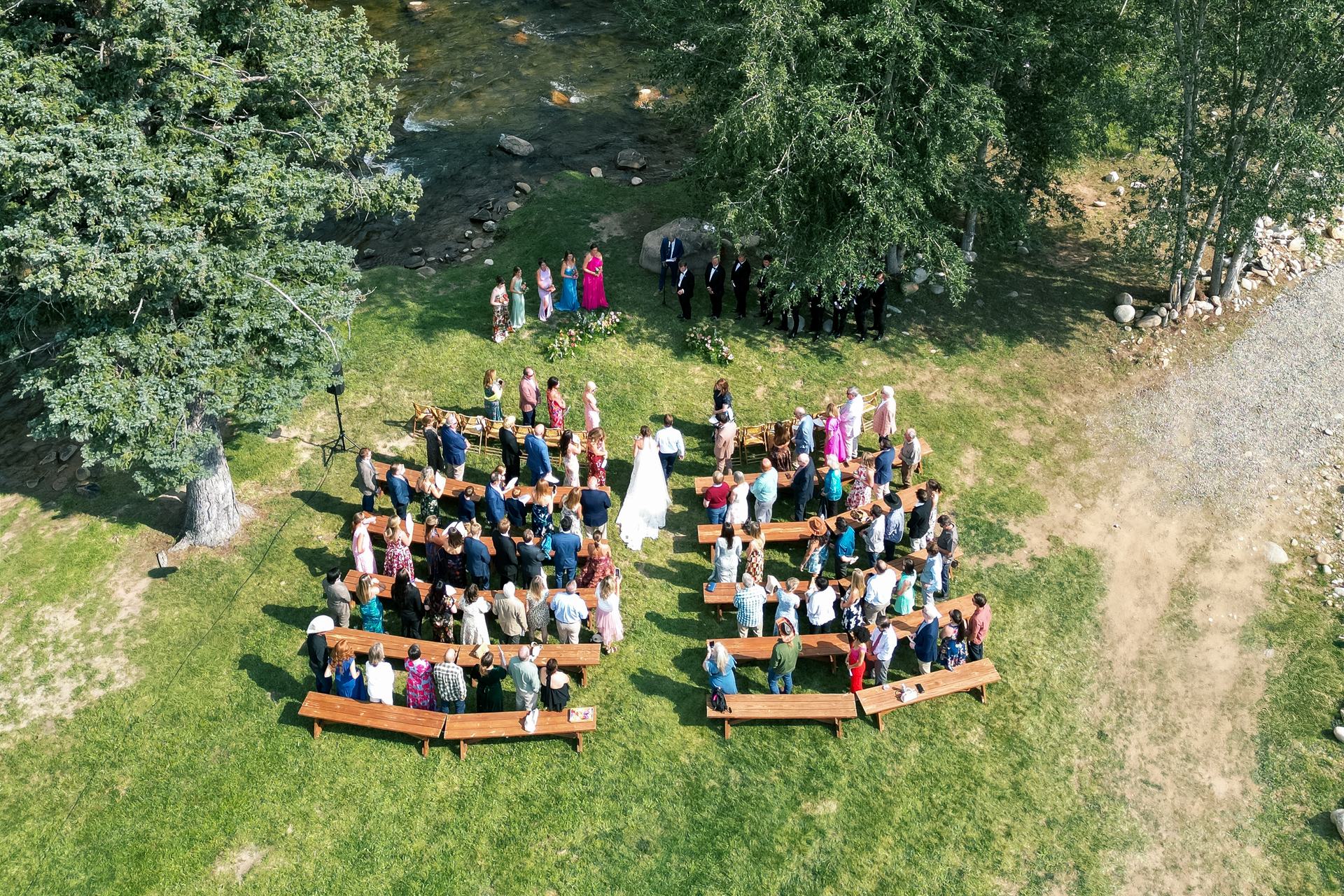 Aerial view of a wedding ceremony on the Meadow