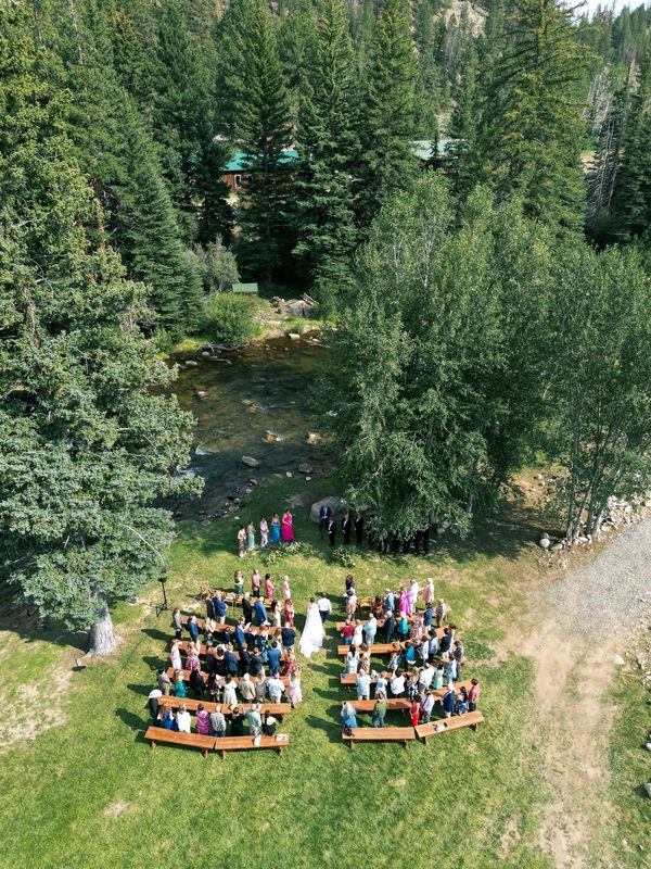 Aerial view of a wedding ceremony on the Meadow